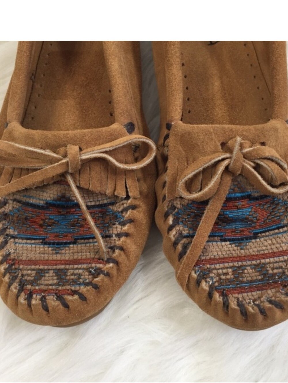 Minnetonka Tan Suede Moccasins with Blue & Rust Southwestern Weave
